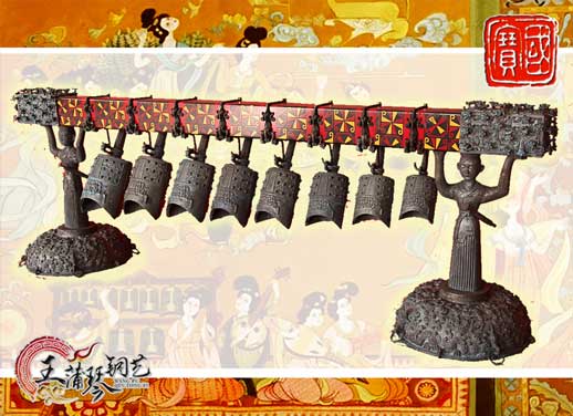8件古編鐘，銅人銅座裝飾，可發(fā)音